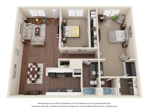 this is a 3d floor plan of a 882 square foot 1 bedroom apartment at the